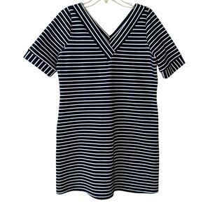 Skies are Blue Sheath Dress Short Sleeve Striped Navy White Med Nautical Coastal